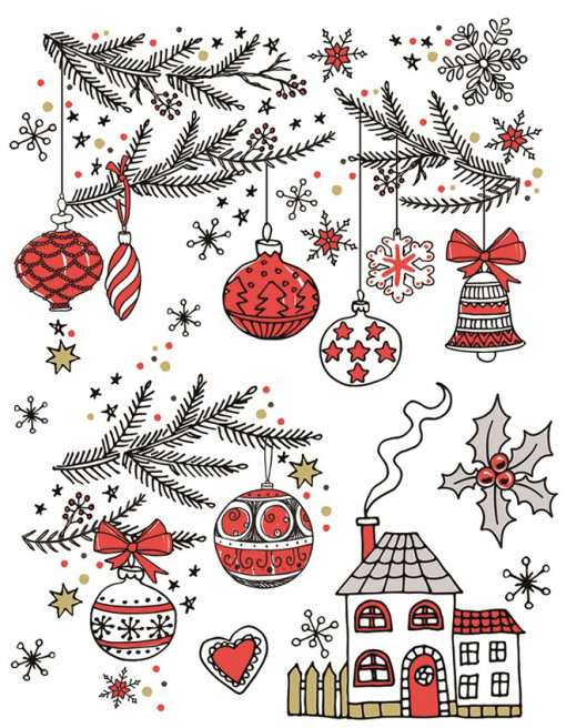 Sticker geam de iarna - casuta si globuri de ornament, 30 x 42 cm