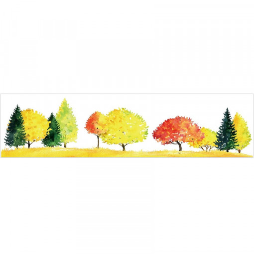 Sticker geam orizontal, motive de toamna - peisaj cu copaci colorati si brazi, 64 x 15 cm