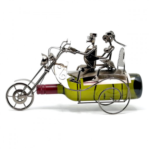 Suport exclusivist din metal pentru butelie vin - Cuplu motociclist, 23 cm