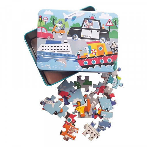 Puzzle in cutie metalica, vehicule, 60 piese - masini si vapoare, 23 x 17.5 cm