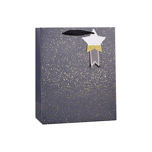 Sacosa hartie cadou cu sclipici - fundal negru, 26 x 36 x 12 cm