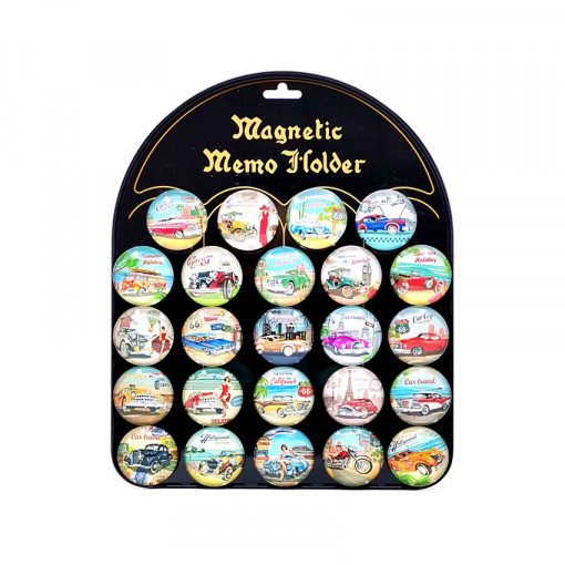 Set 24 magneti pe expozor, rotunzi 4 cm - masini retro