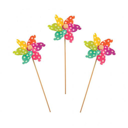 Set 3 moristi decorative model floare cu buline, 10 cm + bat lemn