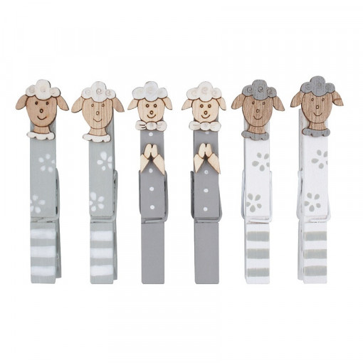 Set 6 mielusi din lemn, pe clestisori din lemn - fundal alb-gri, 8.5 cm
