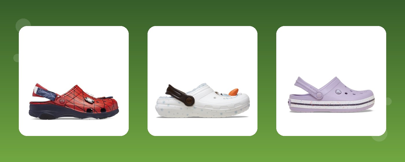 Trei perechi Crocs pentru copii: clog Spiderman, Frozen Olaf și Crocband lavandă