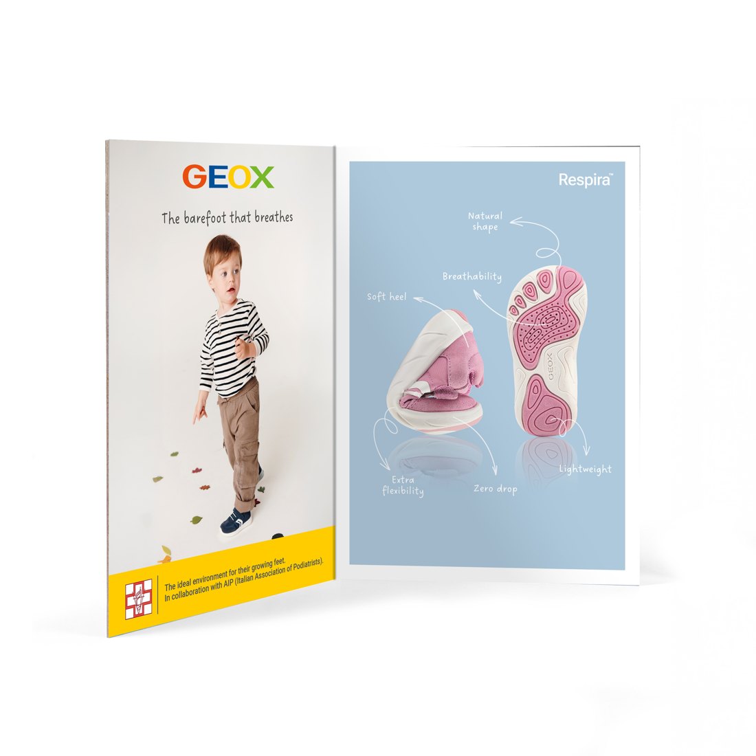 Card oficial Geox Foot-Run: diagrama barefoot care respiră, cu formă naturală, flexibilitate extra și zero drop