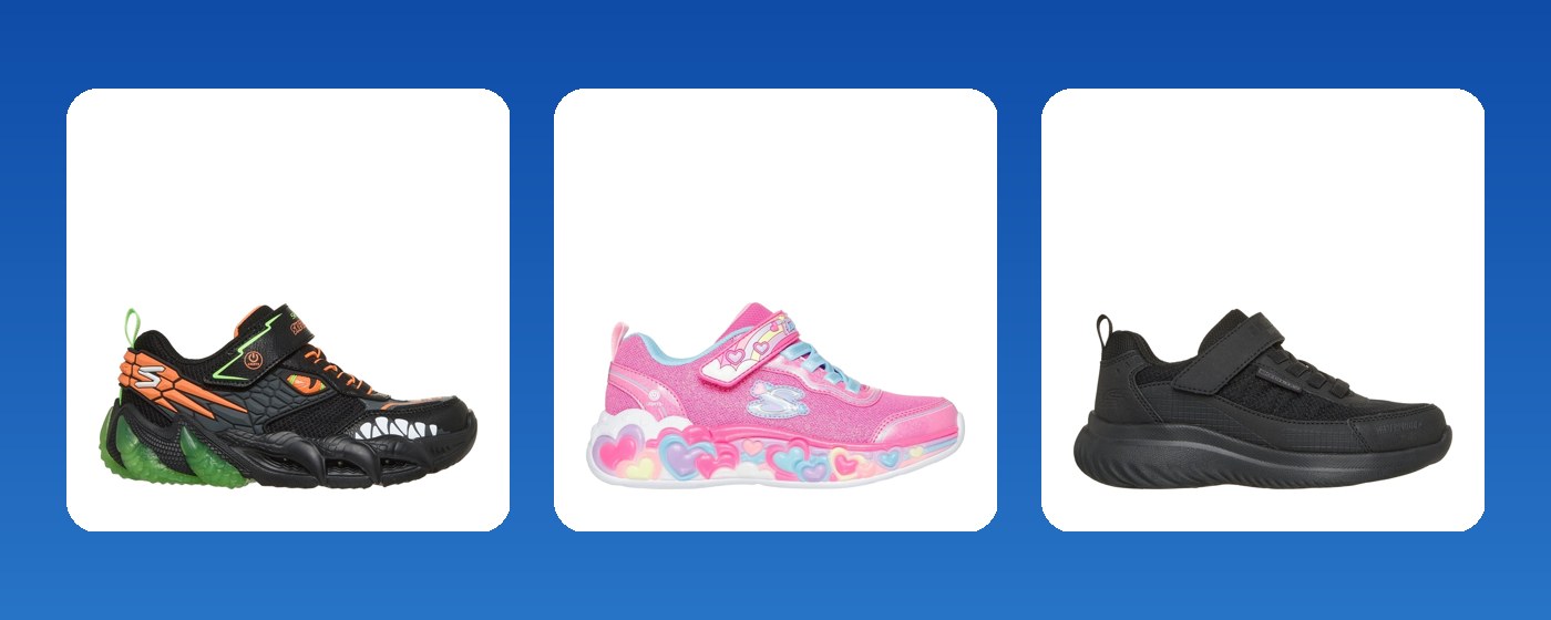 Trei tehnologii Skechers pentru copii: Skech-O-Saurus cu luminițe, Eternal Heart roz și Bounder impermeabil