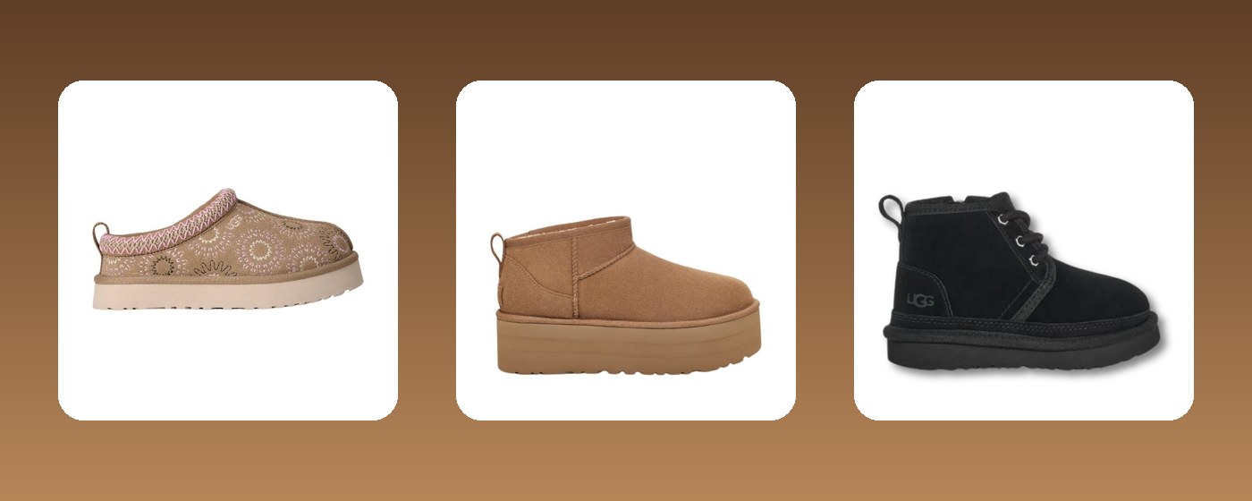 Trei modele UGG pentru copii: saboții Tazz muștar, cizmele Classic Ultra Mini și ghetele Neumel negre