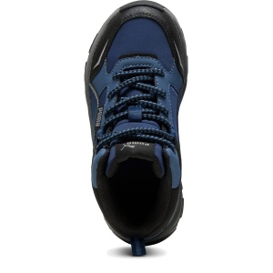 Ghete Water Resistant băieți Puma Evolve Trail PS Persian Blue Cool Dark Grey — vedere de sus și talpa