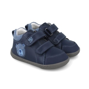 Pantofi barefoot baieti 251309A de la Garvalin, exterior din piele naturala, culoare bleumarin cu imprimeu cap de ursulet albastru, dubla inchidere cu scai,
