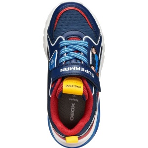 Pantofi sport băieți Geox CIBERDRON JUNIOR Superman, bleumarin cu detalii roșii, vârf întărit, talpă cu LED activată la fiecare pas, închidere cu arici și șiret elastic, logo Superman pe lateral.