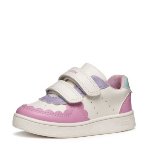 Pantofi sport Geox pentru fete, in nuanțe de roz, mov, alb si verde menta, cu decupaje în formă de norișor, două benzi velcro pentru închidere, talpă albă din material sintetic si interior din material textil.