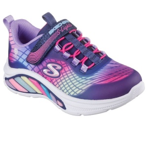 Pantof sport pentru fete Skechers Rainbow Cruisers, în nuanțe de mov, roz și albastru, cu efecte curcubeu, șiret elastic și închidere cu bandă velcro, logo „S” pe lateral și talpă albă cu detalii colorate; model cu lumini integrate si buton on/off.