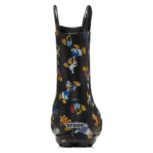 Cizme de ploaie pentru copii Crocs negre, cu imprimeu colorat cu personaje Disney și mânere integrate pentru încălțare ușoară