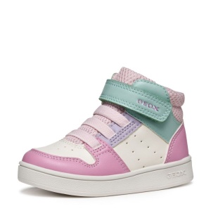 Ghete fete Geox Eclyper White Dk Pink, combinatie de culori alb, roz, roz pastel si accente turcoaz, talpă alba, inchidere cu scai
