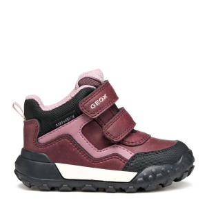Ghete impermeabile Geox Trekkyup Girl B Abx Burgundy Rose, visiniu cu accente roz, negre si albe, talpă neagra, flexibilă, antialunecare, inchidere dubla cu scai