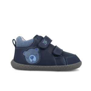 Pantofi barefoot baieti 251309A de la Garvalin, exterior din piele naturala, culoare bleumarin cu imprimeu cap de ursulet albastru, dubla inchidere cu scai,