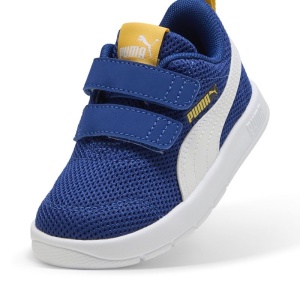 Pantofi sport baieti Courtflex V3 Mesh Inf Clyde Royal PUMA White, model albastru cu detaliu alb, dubla închidere velcro și talpă albă EVA, ideali pentru copii mici.