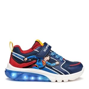 Pantofi sport băieți Geox CIBERDRON JUNIOR Superman, bleumarin cu detalii roșii, vârf întărit, talpă cu LED activată la fiecare pas, închidere cu arici și șiret elastic, logo Superman pe lateral.