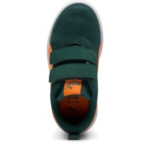 Pantofi sport băieți Puma Courtflex V3 Mesh PS Green Terrain Orange — vedere de sus și talpa