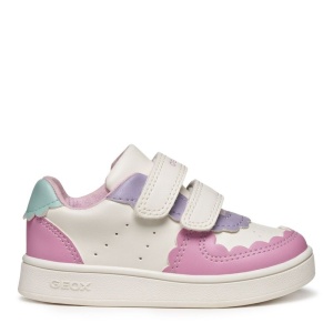 Pantofi sport Geox pentru fete, in nuanțe de roz, mov, alb si verde menta, cu decupaje în formă de norișor, două benzi velcro pentru închidere, talpă albă din material sintetic si interior din material textil.