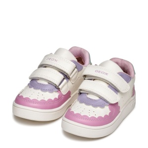 Pantofi sport Geox pentru fete, in nuanțe de roz, mov, alb si verde menta, cu decupaje în formă de norișor, două benzi velcro pentru închidere, talpă albă din material sintetic si interior din material textil.