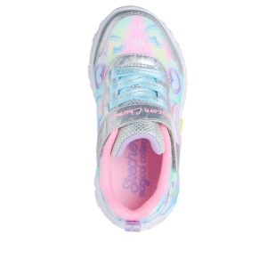 Pantof sport Skechers pentru fetițe, cu inimioare pastel, detalii argintii și unicorn 3D pe talpă, cu lumini și închidere velcro