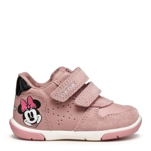 Pantofi pentru primii pași Geox Zapito Girl, design cu Minnie Mouse in lateralul călcâiului, culoarea pantofilor roz pal cu accente negre, talpă flexibilă, 