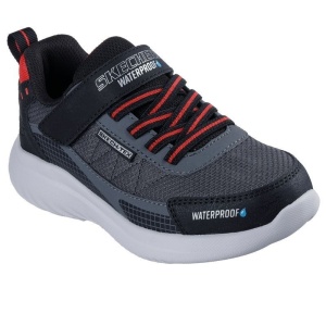 Pantof sport Skechers impermeabil pentru băieți, gri cu accente roșii, închidere cu scai și șireturi elastice, talpă albă.