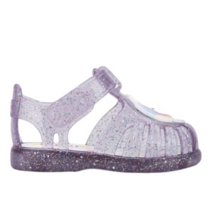 Sandale pentru plaja fete, producator Igor, culoare mov cu sclipici, confectionati din material sintetic, inchidere cu scai, protectie varf si unicorn in partea din fata a sandalelor