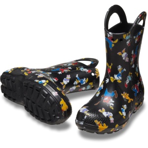 Cizme de ploaie pentru copii Crocs negre, cu imprimeu colorat cu personaje Disney și mânere integrate pentru încălțare ușoară