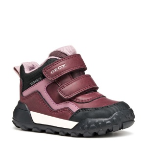 Ghete impermeabile Geox Trekkyup Girl B Abx Burgundy Rose, visiniu cu accente roz, negre si albe, talpă neagra, flexibilă, antialunecare, inchidere dubla cu scai