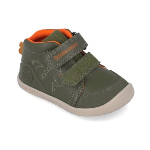 Pantofi primii pasi baieti Biomecanics culoare verde kaki cu imprimeu dinozaur si inchidere dubla cu scai