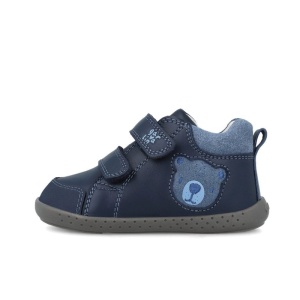 Pantofi barefoot baieti 251309A de la Garvalin, exterior din piele naturala, culoare bleumarin cu imprimeu cap de ursulet albastru, dubla inchidere cu scai,