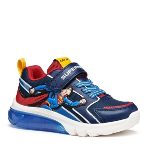 Pantofi sport băieți Geox CIBERDRON JUNIOR Superman, bleumarin cu detalii roșii, vârf întărit, talpă cu LED activată la fiecare pas, închidere cu arici și șiret elastic, logo Superman pe lateral.