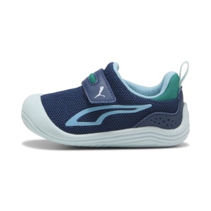 Pantofi sport pentru baieti Puma Kitten Mesh V Inf Persian Blue Aqua, exterior culoare bleumarin cu accente turcoaz, interior culoare bleu,  cu închidere velcro și talpă albă EVA, ideali pentru copii mici.