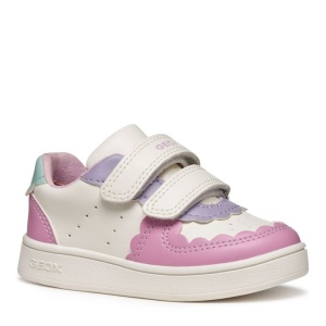 Pantofi sport Geox pentru fete, in nuanțe de roz, mov, alb si verde menta, cu decupaje în formă de norișor, două benzi velcro pentru închidere, talpă albă din material sintetic si interior din material textil.