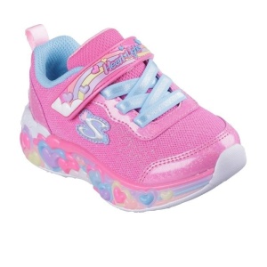 Skechers Pantofi sport fete Eternal Heart Lights Ton of Love Pink N 302697N-HPMT - incaltaminte sport cu leduri, exterior roz combinatie material sintetic si textil, interior captusit cu mateial textil bleu, talpa din EVA cu inimioare colorate si leduri c
