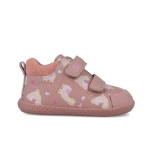 Pantofi barefoot fete 251306A de la Garvalin, exterior din piele naturala, culoare roz cu imprimeu alpaca bej cu accente colorate, dubla inchidere cu scai,