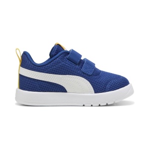 Pantofi sport baieti Courtflex V3 Mesh Inf Clyde Royal PUMA White, model albastru cu detaliu alb, dubla închidere velcro și talpă albă EVA, ideali pentru copii mici.