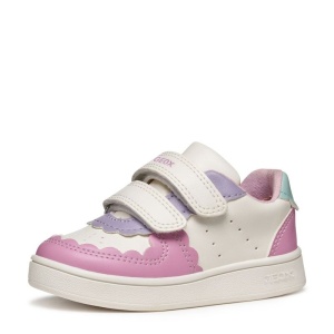 Pantofi sport Geox pentru fete, in nuanțe de roz, mov, alb si verde menta, cu decupaje în formă de norișor, două benzi velcro pentru închidere, talpă albă din material sintetic si interior din material textil.