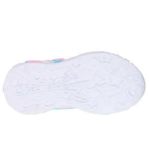 Pantof sport Skechers pentru fetițe, cu inimioare pastel, detalii argintii și unicorn 3D pe talpă, cu lumini și închidere velcro