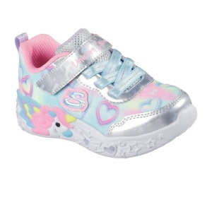 Pantof sport Skechers pentru fetițe, cu inimioare pastel, detalii argintii și unicorn 3D pe talpă, cu lumini și închidere velcro