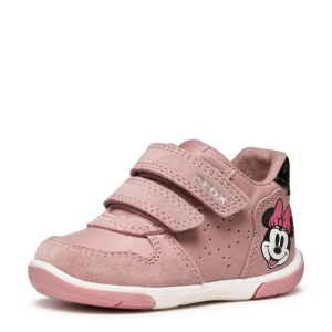 Pantofi pentru primii pași Geox Zapito Girl, design cu Minnie Mouse in lateralul călcâiului, culoarea pantofilor roz pal cu accente negre, talpă flexibilă, 