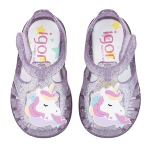 Sandale pentru plaja fete, producator Igor, culoare mov cu sclipici, confectionati din material sintetic, inchidere cu scai, protectie varf si unicorn in partea din fata a sandalelor