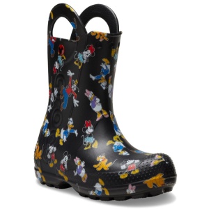 Cizme de ploaie pentru copii Crocs negre, cu imprimeu colorat cu personaje Disney și mânere integrate pentru încălțare ușoară