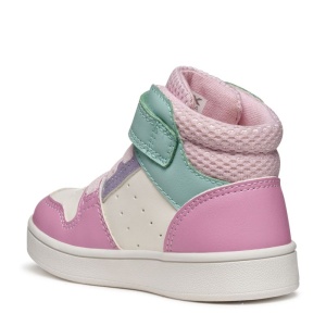 Ghete fete Geox Eclyper White Dk Pink, combinatie de culori alb, roz, roz pastel si accente turcoaz, talpă alba, inchidere cu scai