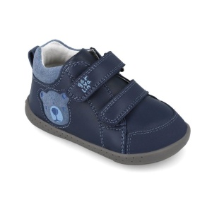 Pantofi barefoot baieti 251309A de la Garvalin, exterior din piele naturala, culoare bleumarin cu imprimeu cap de ursulet albastru, dubla inchidere cu scai,