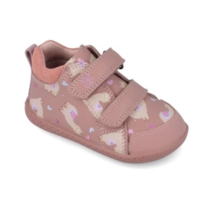 Pantofi barefoot fete 251306A de la Garvalin, exterior din piele naturala, culoare roz cu imprimeu alpaca bej cu accente colorate, dubla inchidere cu scai,