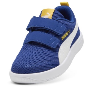 Pantofi sport baieti Courtflex V3 Mesh PS Clyde Royal PUMA White, culoare albastru, inchidere dubla cu scai, talpa alba